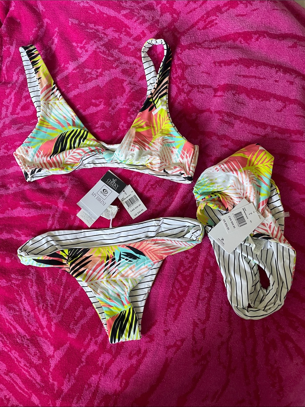 Striped Tropical Print Bikini Set with Cover-up by Rip Curl Reversible